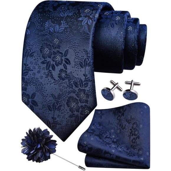 Mens Lapel Pin Necktie Hankerchief Cufflinks Set Dark Blue - Picture 1 of 5